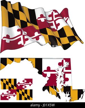 Illustrazioni vettoriali del Maryland bandiera, agitando e piatta e la mappa con il flag inserito e inner shadow. Tutti gli elementi ordinatamente su ben descritto strato Illustrazione Vettoriale