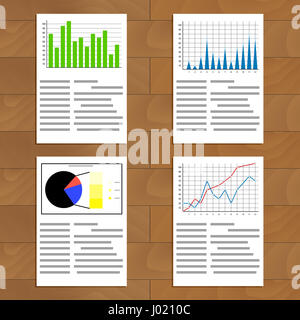 Set di documenti con grafici e tabelle. Infochart e una infografica, analisi di mercato e di sviluppo. Illustrazione Vettoriale Foto Stock