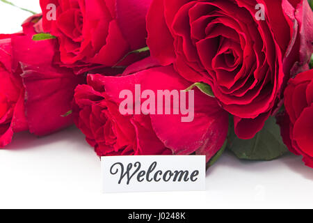 Welcome Card con bouquet di rose rosse, su sfondo bianco. Foto Stock