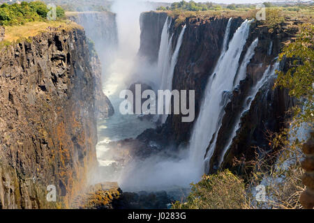 Vista delle Cascate Vittoria da terra. Parco nazionale MOSI-oa-Tunya. E sito patrimonio dell'umanità. Zambiya. Zimbabwe. Foto Stock