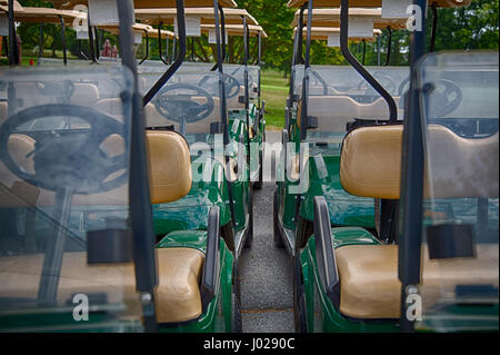 Dettaglio di carrelli da golf allineate in una fila. Foto Stock