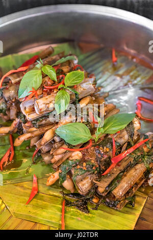 Clam shell rasoio Solenidae agitare piccante con pasta e basilico Foto Stock