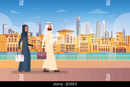 Arab giovane camminando Dubai, edificio moderno Cityscape Skyline Panorama Business Viaggi e Turismo Concept Illustrazione Vettoriale