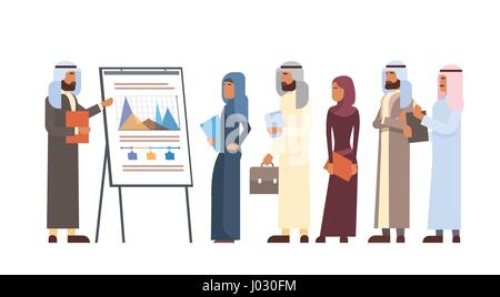 Arab Business persone gruppo Presentazione flip chart Finance, arabo imprenditori Team Training Conferenza Incontro musulmano Illustrazione Vettoriale