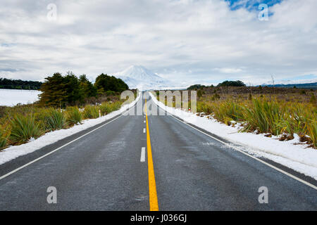 Giallo lungo la linea centrale lungo la strada attraverso il paesaggio invernale che porta al Monte Ngauruhoe nell Isola del nord della Nuova Zelanda. Foto Stock