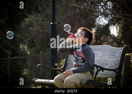 Riproduzione di bolla di sapone nel parco Foto Stock