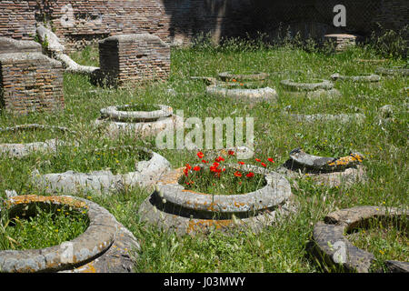 Roma. L'Italia. Ostia Antica. Caseggiato dei doli, vasetti di terracotta una volta tenuto vino & olio. Foto Stock