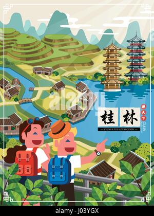 Cina Guilin travel poster con backpackers, scenario naturale, Twin Towers e parole cinesi di Guilin e viaggiano in tutto il mondo sul lato destro Illustrazione Vettoriale