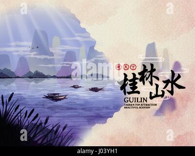 Cina Guilin travel poster con scenari naturali, piccole imbarcazioni e parole cinesi di Guilin scenario naturale e di viaggiare in tutto il mondo sul lato destro Illustrazione Vettoriale