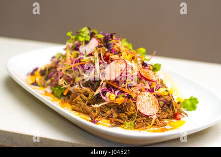 Slow brasati tirata di maiale insalata estiva, Rafano, mais, Apple, micro erbe, di olio aromatizzato al peperoncino, melograno Foto Stock