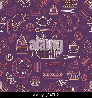 Panificio seamless pattern, vettore alimentare sullo sfondo di colore beige. Prodotti dolciari sottile linea icone - torta, croissant, muffin, pasticceria, tortina, torta. Carino illustrazione ripetuta per il negozio di dolci Illustrazione Vettoriale