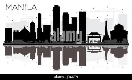 Manila skyline della città in bianco e nero con silhouette riflessioni. Illustrazione Vettoriale. Piatto semplice concetto per il turismo presentazione, banner, cartellone Illustrazione Vettoriale