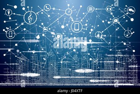 Smart City con neon edifici, reti e Internet delle cose icone. Illustrazione Vettoriale. Illustrazione Vettoriale