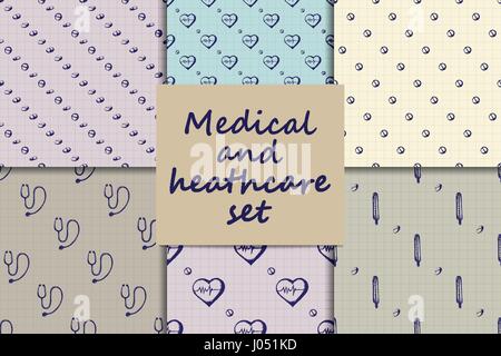 La sanità e la medicina. Sei vettore doodle seamless patterns con termometro, cuore, uno stetoscopio, croce, provette e pillole. Medical disegnata a mano Illustrazione Vettoriale