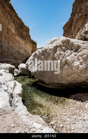 Grandi pietre sul fiume che attraversa il Canyon di Wadi Bani Khalid, Sultanato di Oman. Questo è uno dei più visitati luogo del paese Foto Stock