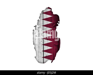 Mappa e bandiera del Qatar il legno stagionato Foto Stock