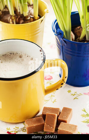 Su un vassoio con un giallo tazza di caffè, caramella mou e un secchio di fiori con le lampadine Foto Stock