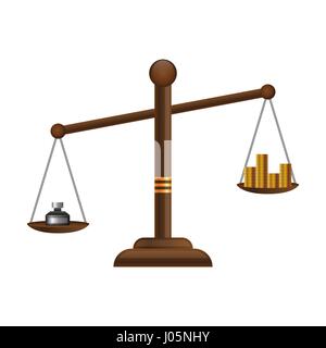 Giustizia icona scale. Legge simbolo di equilibrio. Libra design piatto con oro monete di denaro Illustrazione Vettoriale