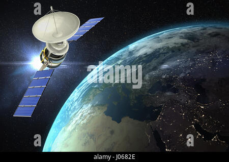 Immagine vettoriale ofÃ Â 3d satellite solare contro la vista aerea della terra Foto Stock
