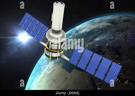 Generati digitalmente immagine ofÃ Â 3d moderno solare satellite contro la vista aerea della terra Foto Stock