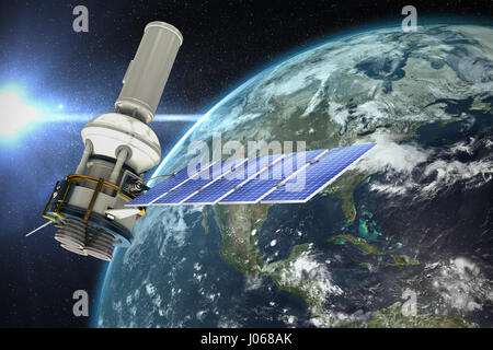 Basso angolo di visione ofÃ Â 3d moderno solare satellitare di potenza contro la vista aerea della terra Foto Stock