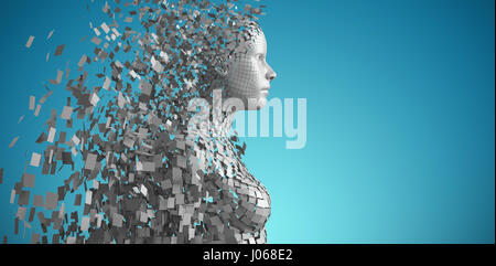 Vista laterale di pixel grigi 3d donna contro il bollino blu sullo sfondo Foto Stock
