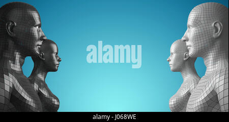 Vista di profilo di digital nero 3D uomo contro un bollino blu sullo sfondo Foto Stock
