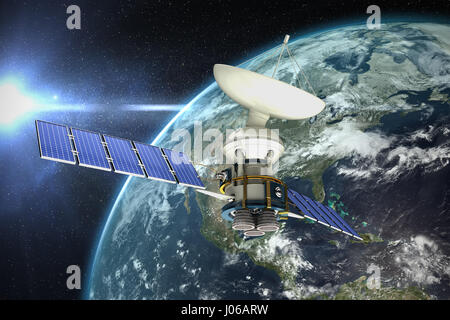 3d illustrazione del satellite solare contro la vista aerea della terra Foto Stock
