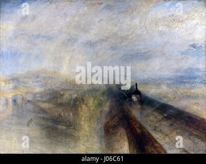 "Rain, Steam and Speed" di J.M.W. Turner ritrae l'iconica Great Western Railway durante una tempesta, mettendo in evidenza la potenza e il progresso della locomozione a vapore nell'Inghilterra del XIX secolo. La composizione dinamica utilizza luce e colore per trasmettere velocità e progresso industriale. Foto Stock