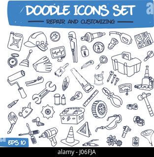 Doodle set di icone - Riparazione e personalizzazione. Illustrazione Vettoriale