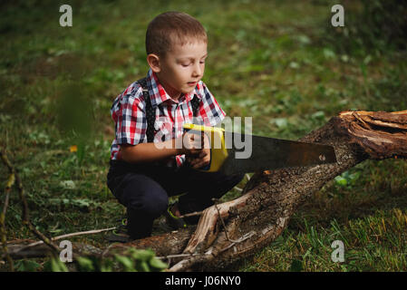 Ragazzo segare albero caduto in giardino Foto Stock