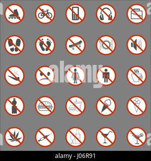 Serie di segni per diverse attività proibite. Nessun segno, non fumare e non bere e altri. Illustrazione Vettoriale - si può semplicemente cambiare colore e s Illustrazione Vettoriale