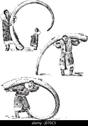 Eschimese con mammoth horn, ossa di elefante preistorico , a nord concetto illustrazione dei nativi Alaska umana, disegnati a mano o inciso vintage Illustrazione Vettoriale