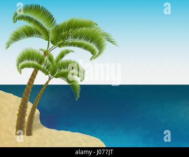 Sandy riva del mare. Due alberi di palma. Viaggi esotici. Increspature sul mare. Paesaggio. illustrazione Illustrazione Vettoriale