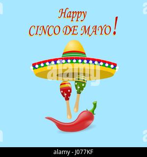 L'iscrizione del felice Cinco De Mayo. Sombrero, maracas e peperoni rossi. illustrazione Illustrazione Vettoriale