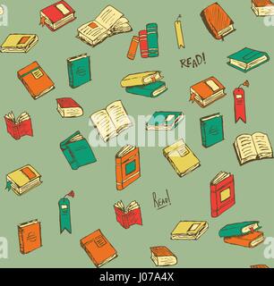 Disegnate a mano libro e accessori icone e Seamless Pattern. Illustrazione Vettoriale