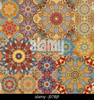 Boho tile set e seamless pattern. Patchwork marrone per la stampa di tessuti, carta da parati, tessile alla moda. Square gli elementi di design. Insolito fregio floreale vettore mandala orientali sfondo Illustrazione Vettoriale