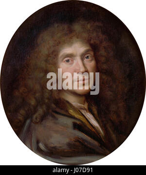 Questo ritratto di Pierre Mignard raffigura il famoso drammaturgo francese Jean-Baptiste Poquelin, meglio conosciuto come Molière, intorno al 1673. Il dipinto evidenzia la presenza intellettuale di Molière e il suo ruolo significativo nel teatro francese. Foto Stock