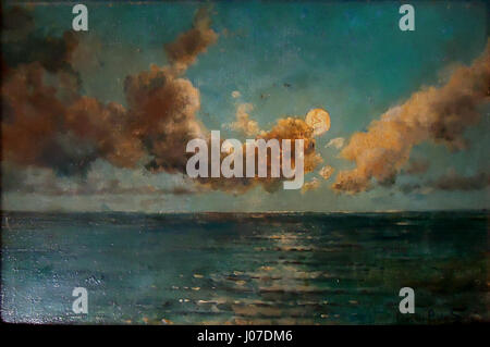 "Luar sobre o mar" (chiaro di luna sul mare) è un dipinto a olio su legno di 17,4 x 26,3 cm dell'artista brasiliano Oscar Pereira da Silva (1865-1939), che raffigura un tranquillo paesaggio marino notturno. Foto Stock