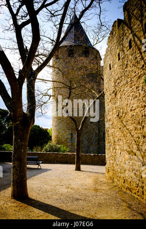 La mattina presto sole primaverile sguardi attraverso le pareti del Château Comtal entro il medievale Cité de Carcassonne, Francia Foto Stock