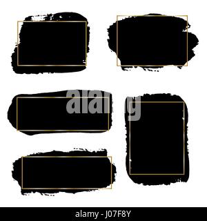 Un set di inchiostro nero pennellate con sottili cornici dorate, isolato su sfondo bianco. Disegnata a mano elementi di design grafico con copy-spazio. Illustrazione Vettoriale