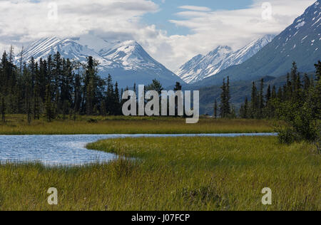 Un ampio flusso scorre attraverso un campo di erba palustre verso le lontane cime innevate montagne Keani in South Central Alaska. Foto Stock