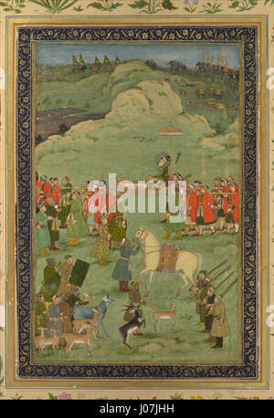 Questo dipinto del 1705 circa raffigura l'imperatore Mughal Aurangzeb portato su un palanchino. L'opera d'arte mette in evidenza la processione regale e l'opulenza della corte moghul, catturando la grandezza imperiale e il significato culturale di tali dimostrazioni di potere e autorità. Foto Stock