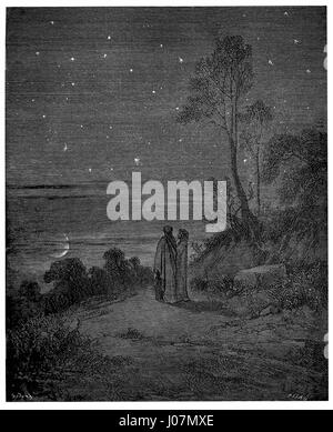 Dante Alighieri – Inferno di Gustave Doré (placca 6) illustra l'inizio del canto II nell'Inferno di Dante, dove il giorno passa nella notte. Le incisioni dettagliate di Doré portano in vita le vivide descrizioni di Dante dell'aldilà, catturando l'atmosfera di disperazione e di presagio. Foto Stock
