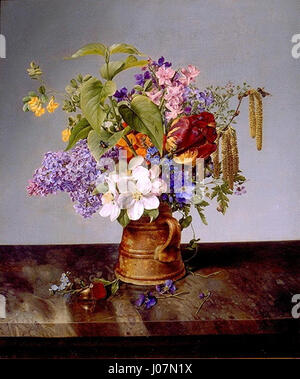 Il "Gartenblumenstrauß im Krug" di Johann Wilhelm Preyer (bouquet da giardino in una brocca) mostra una natura morta di vibranti fiori da giardino disposti in una brocca. L'opera mette in evidenza l'abilità di Preyer nel catturare la bellezza naturale e la delicatezza dei soggetti floreali. Foto Stock