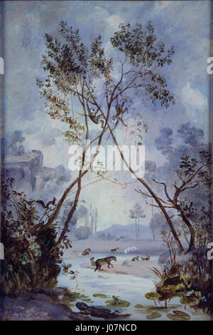 "Flora and fauna from the Miocene Cenozoic period" di José María Velasco presenta un'illustrazione della vita durante l'epoca del Miocene. Il lavoro evidenzia la vita vegetale e animale che ha plasmato i continenti della Terra durante questo periodo evolutivo. Foto Stock
