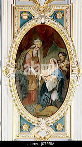 "La présentation au Temple" raffigura la scena biblica della presentazione di Gesù al Tempio, catturando il momento della realizzazione divina e del significato religioso nella fede cristiana. Foto Stock