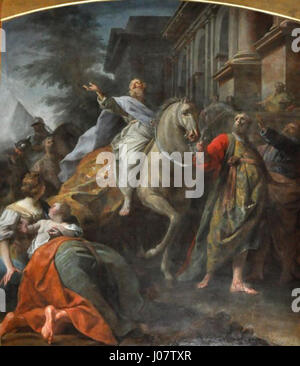 «Le Triomphe de Mardochée» di Restout raffigura una scena drammatica del Libro biblico di Ester, dove Mardochée è onorata dal re Ahasuerus. Il dipinto cattura il momento del trionfo di Mardochée, circondato da grandiosità e opulenza, evidenziando i temi della lealtà e della giustizia. Foto Stock