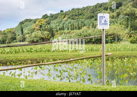 Zona al di là di questo segno chiuso, Hanalei National Wildlife Refuge, segnaletica, Kauai, Hawaii, STATI UNITI D'AMERICA Foto Stock