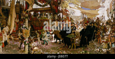 Francisco Pradilla y Ortiz - Cortejo del bautizo del Príncipe Don Juan, hijo de los Reyes Católicos, por las calles de Sevilla Foto Stock